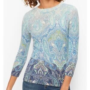 Talbots 100% Pure Cashmere Audrey Calico Blue Paisley Sweater Ornate Size Small
